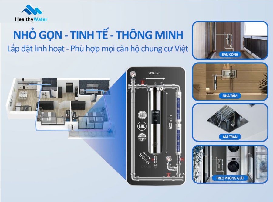 Lọc tổng đầu nguồn Geyser nhỏ gọn phù hợp lắp cho căn hộ chung cư