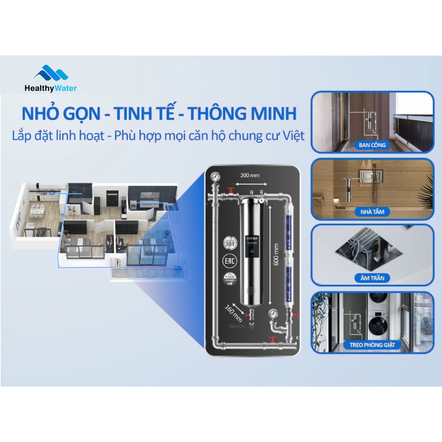 Lọc tổng đầu nguồn Geyser nhỏ gọn phù hợp lắp cho căn hộ chung cư