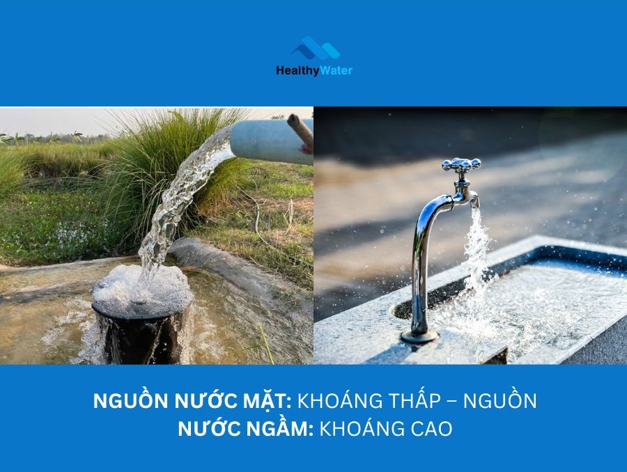 Nguồn nước mặt: khoáng thấp – Nguồn nước ngầm: khoáng cao